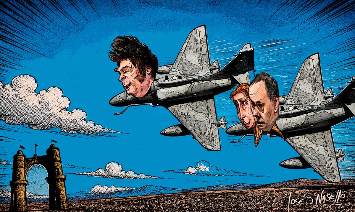 ilustra-milei-carina-y-adorni-llegando-a-coroba-en-aviones-caza
